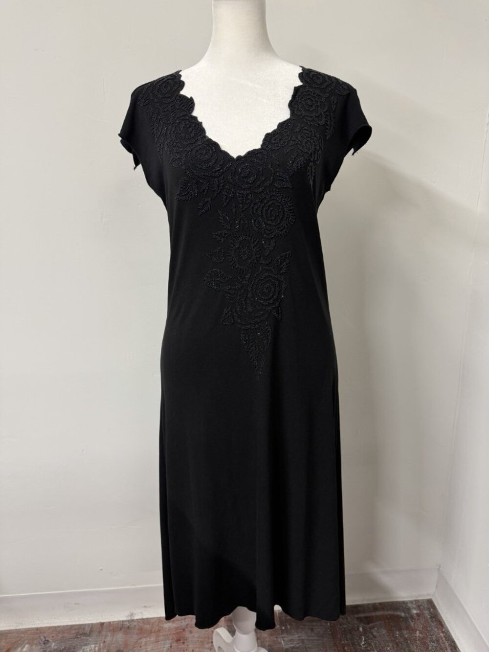 Vtg 90s Women’s Small Witchy Goth High Low Beaded V Neckline Midi Dress Made USA